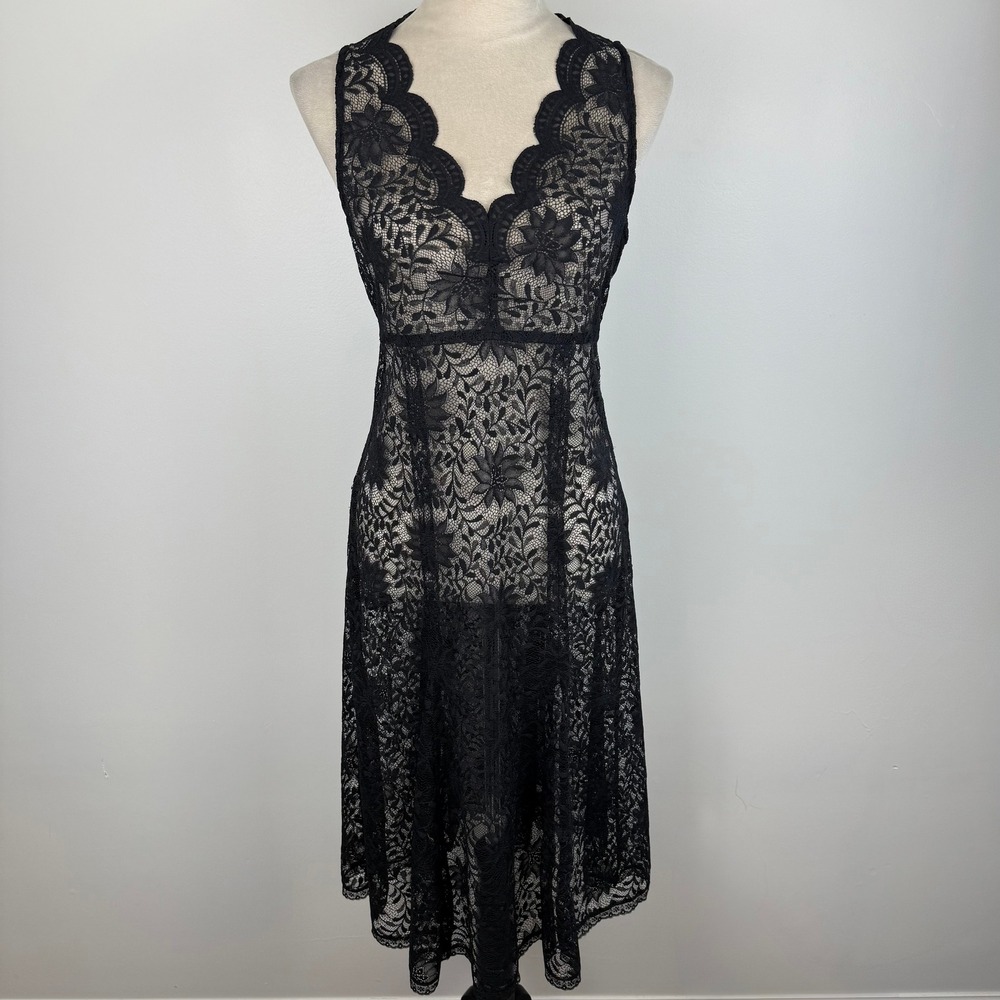 Vintage ISDA & CO Black Floral Lace Scalloped V-Neck Sleeveless Midi Dress Sz 8